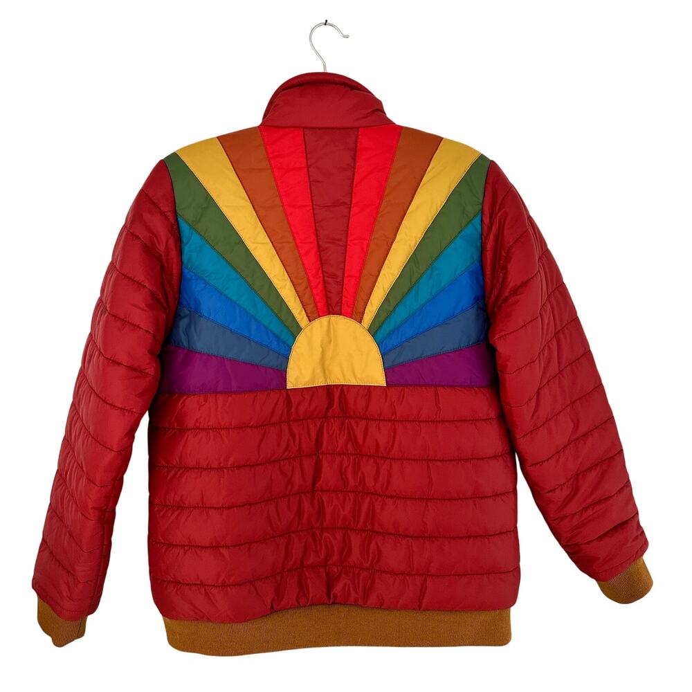 Aviator Nation Red Puffer Jacket with Rainbow Sunburst Back - Picture 4 of 9